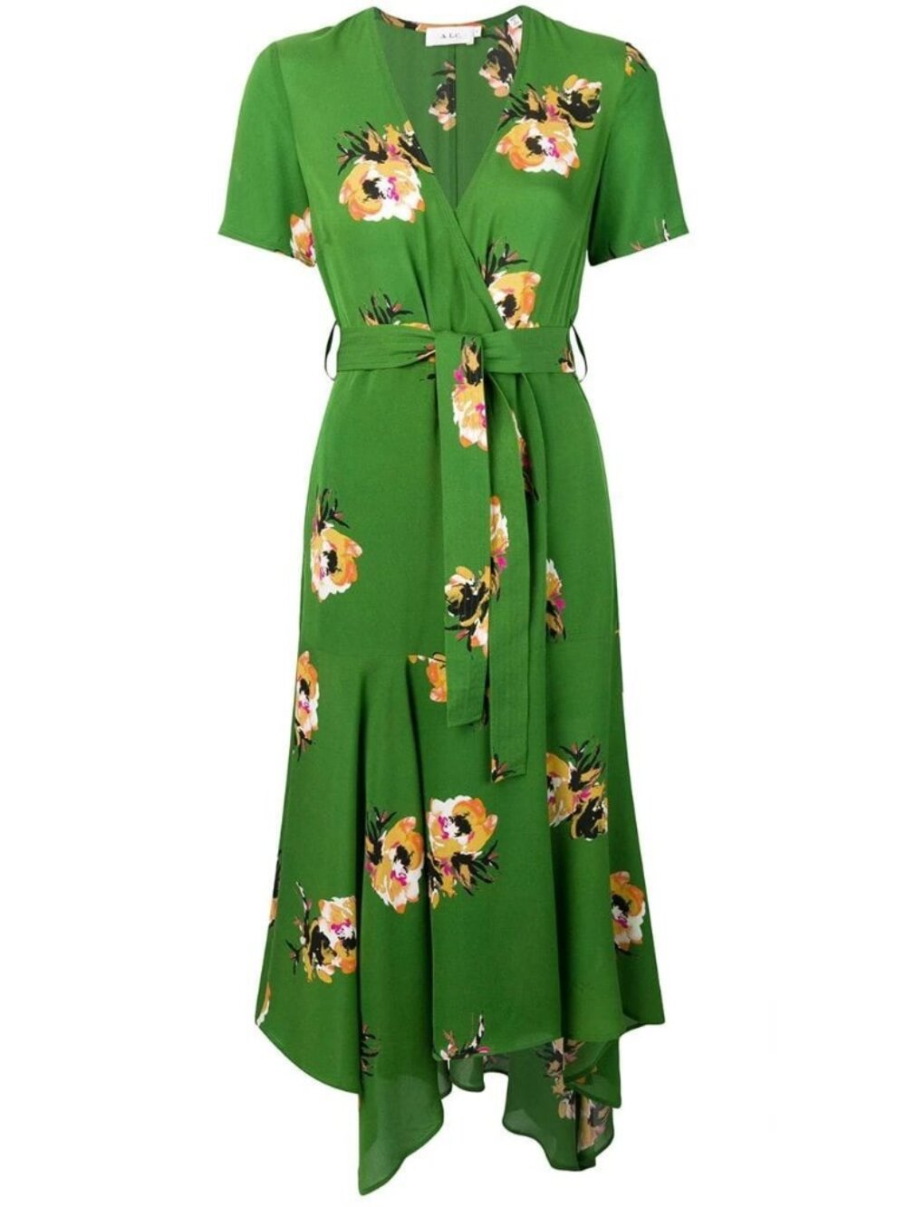 ALC Women Savannah Wrap Midi Dress Green Silk Floral V-Neck Tie 2
